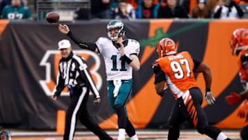 CINCINNATI, OH - DECEMBER 4: Carson Wentz #11 of the Philadelphia Eagles throws a pass while being pressured by Geno Atkins #97 of the Cincinnati Bengals during the third quarter at Paul Brown Stadium on December 4, 2016 in Cincinnati, Ohio. (Photo by Gregory Shamus/Getty Images)