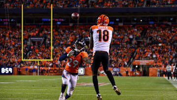 DENVER, CO - NOVEMBER 19: Wide receiver A.J. Green #18 of the Cincinnati Bengals has a fourth quarters touchdown catch under coverage by free safety Bradley Roby #29 of the Denver Broncos at Sports Authority Field at Mile High on November 19, 2017 in Denver, Colorado. (Photo by Dustin Bradford/Getty Images)