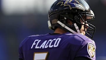 BALTIMORE, MARYLAND - DECEMBER 03: Quarterback Joe Flacco #5 of the Baltimore Ravens looks on during warmups before playing against the Detriot Lions at M&T Bank Stadium on December 03, 2017 in Baltimore, Maryland. (Photo by Patrick Smith/Getty Images)