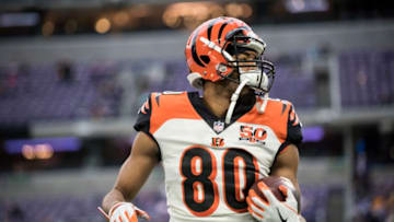 MINNEAPOLIS, MN - DECEMBER 17: Josh Malone #80 of the Cincinnati Bengals warms up before the game against the Minnesota Vikings on December 17, 2017 at U.S. Bank Stadium in Minneapolis, Minnesota. (Photo by Stephen Maturen/Getty Images)