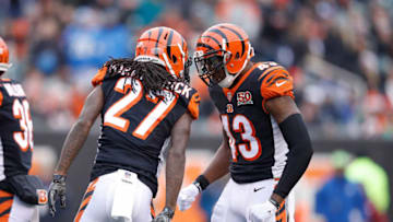 CINCINNATI, OH - DECEMBER 24: Dre Kirkpatrick #27 of the Cincinnati Bengals celebrates with George Iloka #43 against the Detroit Lions during the first half at Paul Brown Stadium on December 24, 2017 in Cincinnati, Ohio. (Photo by Joe Robbins/Getty Images)