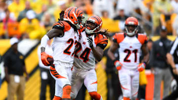PITTSBURGH, PA - SEPTEMBER 18: Dre Kirkpatrick #27 of the Cincinnati Bengals celebrates his interception with Adam Jones #24 in the second quarter during the game against the Pittsburgh Steelers at Heinz Field on September 18, 2016 in Pittsburgh, Pennsylvania. (Photo by Joe Sargent/Getty Images)