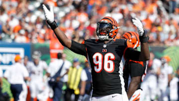 CINCINNATI, OH - SEPTEMBER 25: Carlos Dunlap #96 of the Cincinnati Bengals celebrates after a defensive stop during the third quarter of the game against the Denver Broncos at Paul Brown Stadium on September 25, 2016 in Cincinnati, Ohio. (Photo by Joe Robbins/Getty Images)