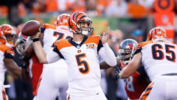 CINCINNATI, OH - AUGUST 11: AJ McCarron #5 of the Cincinnati Bengals looks to pass in the second quarter of a preseason game against the Tampa Bay Buccaneers at Paul Brown Stadium on August 11, 2017 in Cincinnati, Ohio. (Photo by Joe Robbins/Getty Images)