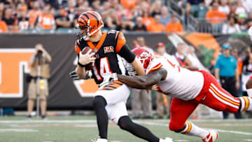 CINCINNATI, OH - AUGUST 19: Andy Dalton #14 of the Cincinnati Bengals is sacked by Allen Bailey #97 of the Kansas City Chiefs during the preseason game at Paul Brown Stadium on August 19, 2017 in Cincinnati, Ohio. (Photo by Andy Lyons/Getty Images)