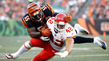 CINCINNATI, OH - AUGUST 19: Vontaze Burfict #55 of the Cincinnati Bengals tackles Anthony Sherman #42 of the Kansas City Chiefs during the preseason game at Paul Brown Stadium on August 19, 2017 in Cincinnati, Ohio. (Photo by Andy Lyons/Getty Images)