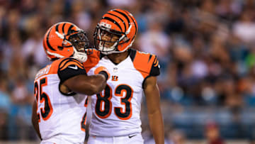 JACKSONVILLE, FL - AUGUST 28: Giovani Bernard #25 of the Cincinnati Bengals celebrates with Tyler Boyd #83 after rushing for a touchdown during the first quarter of the preseason game against the Jacksonville Jaguars at EverBank Field on August 28, 2016 in Jacksonville, Florida. (Photo by Rob Foldy/Getty Images)