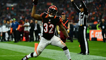 LONDON, ENGLAND - OCTOBER 30: Jeremy Hill #32 of the Cincinnati Bengals celebrates after scoring a touchdown during the NFL International Series Game between Washington Redskins and Cincinnati Bengals at Wembley Stadium on October 30, 2016 in London, England. (Photo by Dan Mullan/Getty Images)