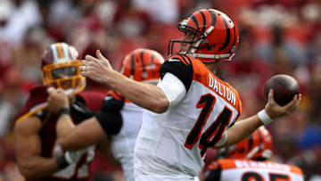 LANDOVER, MD - AUGUST 27: Quarterback Andy Dalton #14 of the Cincinnati Bengals passes against the Washington Redskins in the first half during a preseason game at FedExField on August 27, 2017 in Landover, Maryland. (Photo by Patrick Smith/Getty Images)