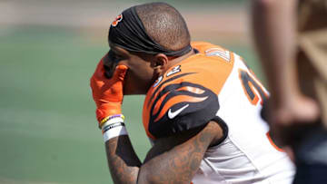 CINCINNATI, OH - SEPTEMBER 10: Jeremy Hill #32 of the Cincinnati Bengals sits on the sideline during the fourth quarter of the game against the Baltimore Ravens at Paul Brown Stadium on September 10, 2017 in Cincinnati, Ohio. Baltimore defeated Cincinnati 20-0. (Photo by John Grieshop/Getty Images)