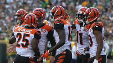 GREEN BAY, WI - SEPTEMBER 24: A.J. Green #18 of the Cincinnati Bengals celebrates after catching a touchdown pass during the first quarter against the Green Bay Packers at Lambeau Field on September 24, 2017 in Green Bay, Wisconsin. (Photo by Dylan Buell/Getty Images)
