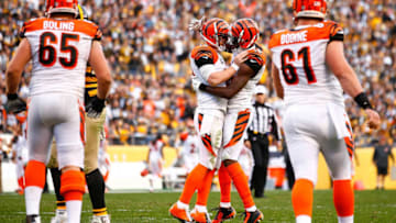 PITTSBURGH, PA - NOVEMBER 01: Andy Dalton #14 (left) of the Cincinnati Bengals and A.J. Green #18 celebrate a 4th quarter touchdown during the game against the Pittsburgh Steelers at Heinz Field on November 1, 2015 in Pittsburgh, Pennsylvania. (Photo by Jared Wickerham/Getty Images)