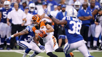 INDIANAPOLIS, IN - AUGUST 31: Alex Erickson #12 of the Cincinnati Bengals runs for yardage after a reception against the Indianapolis Colts in the first half of a preseason game at Lucas Oil Stadium on August 31, 2017 in Indianapolis, Indiana. (Photo by Joe Robbins/Getty Images)