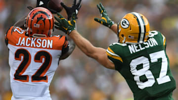 GREEN BAY, WI - SEPTEMBER 24: William Jackson #22 of the Cincinnati Bengals intercepts a pass from Aaron Rodgers #12 (not pictured) to Jordy Nelson #87 of the Green Bay Packers at Lambeau Field on September 24, 2017 in Green Bay, Wisconsin. Jackson returned the interception for a 75-yard touchdown. (Photo by Stacy Revere/Getty Images)