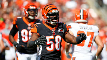 CLEVELAND, OH - OCTOBER 01: Carl Lawson #58 of the Cincinnati Bengals reacts to a play in the first half against the Cleveland Browns at FirstEnergy Stadium on October 1, 2017 in Cleveland, Ohio. (Photo by Justin Aller /Getty Images)