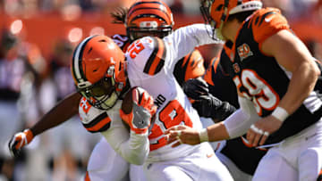 CLEVELAND, OH - OCTOBER 01: Duke Johnson #29 of the Cleveland Browns attempts to move the ball down the field in the second half against the Cincinnati Bengals at FirstEnergy Stadium on October 1, 2017 in Cleveland, Ohio. (Photo by Jason Miller /Getty Images)