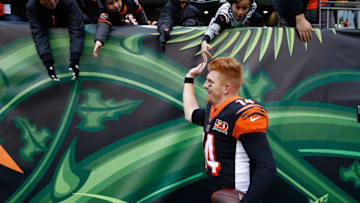 CINCINNATI, OH - OCTOBER 29: Andy Dalton #14 of the Cincinnati Bengals celebrates with fans after the Bengals 24-23 win over the Indianapolis Colts at Paul Brown Stadium on October 29, 2017 in Cincinnati, Ohio. (Photo by Andy Lyons/Getty Images)