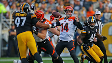 PITTSBURGH, PA - OCTOBER 22: Andy Dalton #14 of the Cincinnati Bengals drops back to pass in the first half during the game against the Pittsburgh Steelers at Heinz Field on October 22, 2017 in Pittsburgh, Pennsylvania. (Photo by Justin K. Aller/Getty Images)