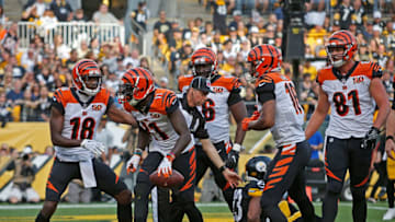 PITTSBURGH, PA - OCTOBER 22: Brandon LaFell #11 of the Cincinnati Bengals celebrates with teammates after a 6 yard touchdown reception in the first quarter during the game against the Pittsburgh Steelers at Heinz Field on October 22, 2017 in Pittsburgh, Pennsylvania. (Photo by Justin K. Aller/Getty Images)