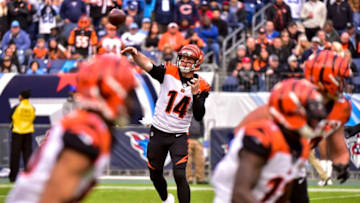 NASHVILLE, TN - NOVEMBER 12: Quarterback Andy Dalton #14 of the Cincinnati Bengals makes a pass against the Tennessee Titans at Nissan Stadium on November 12, 2017 in Nashville, Tennessee. (Photo by Frederick Breedon/Getty Images)