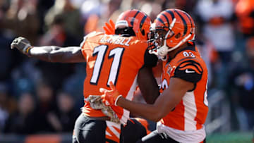 CINCINNATI, OH - NOVEMBER 26: Tyler Boyd #83 of the Cincinnati Bengals celebrates after an eight-yard touchdown reception against the Cleveland Browns in the first half of a game at Paul Brown Stadium on November 26, 2017 in Cincinnati, Ohio. (Photo by Joe Robbins/Getty Images)