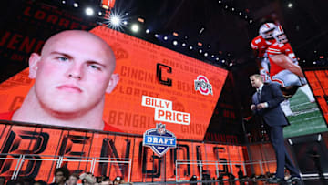 ARLINGTON, TX - APRIL 26: A video board displays an image of Billy Price of Ohio State after he was picked