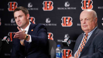 CINCINNATI, OH - FEBRUARY 05: Zac Taylor speaks to the media as owner Mike Brown looks on after being introduced as the new head coach for the Cincinnati Bengals at Paul Brown Stadium on February 5, 2019 in Cincinnati, Ohio. (Photo by Joe Robbins/Getty Images)