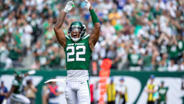 EAST RUTHERFORD, NJ - SEPTEMBER 08: Trumaine Johnson #22 of the New York Jets celebrates a safety against the Buffalo Bills during the third quarter at MetLife Stadium on September 8, 2019 in East Rutherford, New Jersey. Buffalo defeats New York 17-16. (Photo by Brett Carlsen/Getty Images)