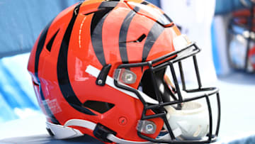 SEATTLE, WASHINGTON - SEPTEMBER 08: A helmet worn by the Cincinnati Bengals during their game at CenturyLink Field on September 08, 2019 in Seattle, Washington. (Photo by Abbie Parr/Getty Images)