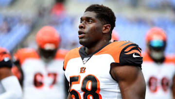 BALTIMORE, MD - OCTOBER 13: Carl Lawson #58 of the Cincinnati Bengals looks on during the first half against the Baltimore Ravens at M&T Bank Stadium on October 13, 2019 in Baltimore, Maryland. (Photo by Will Newton/Getty Images)