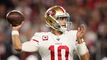 GLENDALE, ARIZONA - OCTOBER 31: Quarterback Jimmy Garoppolo #10 of the San Francisco 49ers throws a pass during the second half of the NFL game against the Arizona Cardinals at State Farm Stadium on October 31, 2019 in Glendale, Arizona. The 49ers defeated the Cardinals 28-25. (Photo by Christian Petersen/Getty Images)