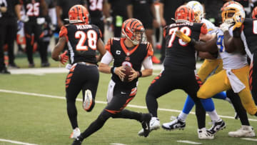 CINCINNATI, OHIO - SEPTEMBER 13: Joe Burrow #9 of the Cincinnati Bengals looks to pass the ball against the Los Angeles Chargers during the game at Paul Brown Stadium on September 13, 2020 in Cincinnati, Ohio. (Photo by Andy Lyons/Getty Images)