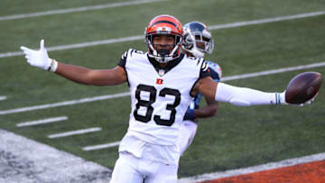 CINCINNATI, OHIO - NOVEMBER 01: Wide receiver Tyler Boyd #83 of the Cincinnati Bengals celebrates after making a touchdown reception in the fourth quarter of the game against the Tennessee Titans at Paul Brown Stadium on November 01, 2020 in Cincinnati, Ohio. (Photo by Bobby Ellis/Getty Images)