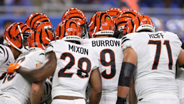 DETROIT, MICHIGAN - OCTOBER 17: Joe Burrow #9 of the Cincinnati Bengals plays against the Detroit Lions at Ford Field on October 17, 2021 in Detroit, Michigan. (Photo by Gregory Shamus/Getty Images)