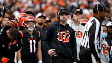 CINCINNATI, OH - DECEMBER 26: Head coach Zac Taylor of the Cincinnati Bengals stands on the sideline during the game against the Baltimore Ravens at Paul Brown Stadium on December 26, 2021 in Cincinnati, Ohio. (Photo by Kirk Irwin/Getty Images)