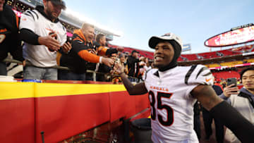KANSAS CITY, MISSOURI - JANUARY 30: Wide receiver Tee Higgins #85 of the Cincinnati Bengals celebrates the Bengals win over the Kansas City Chiefs in the AFC Championship Game at Arrowhead Stadium on January 30, 2022 in Kansas City, Missouri. (Photo by Jamie Squire/Getty Images)