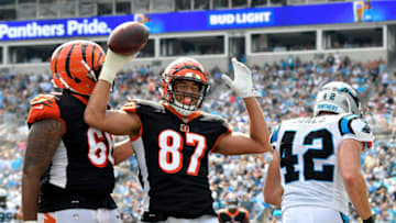 CHARLOTTE, NC - SEPTEMBER 23: C.J. Uzomah #87 of the Cincinnati Bengals celebrates a touchdown against the Carolina Panthers in the second quarter during their game at Bank of America Stadium on September 23, 2018 in Charlotte, North Carolina. (Photo by Grant Halverson/Getty Images)