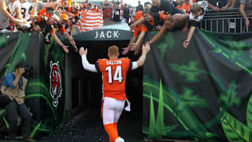 CINCINNATI, OH - OCTOBER 7: Andy Dalton #14 of the Cincinnati Bengals is congratulated by fans as he walks off of the field after defeating the Miami Dolphins 27-17 at Paul Brown Stadium on October 7, 2018 in Cincinnati, Ohio. Photo by John Grieshop/Getty Images)