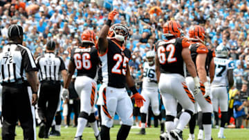 CHARLOTTE, NC - SEPTEMBER 23: Giovani Bernard #25 of the Cincinnati Bengals celebrates a touchdown against the Carolina Panthers in the first quarter during their game at Bank of America Stadium on September 23, 2018 in Charlotte, North Carolina. (Photo by Grant Halverson/Getty Images)