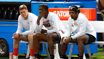 Joe Burrow #9, Tee Higgins #85 and Ja'Marr Chase #1 of the Cincinnati Bengals. (Photo by Ronald Martinez/Getty Images)