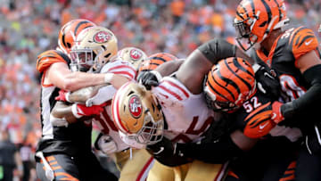 San Francisco 49ers running back Jeff Wilson Jr. (30) scores a touchdown in the fourth quarter of a Week 2 NFL football game against the Cincinnati Bengals, Sunday, Sept. 15, 2019, at Paul Brown Stadium in Cincinnati.San Francisco 49ers At Cincinnati Bengals Sept 15