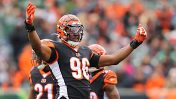 Dec 1, 2019; Cincinnati, OH, USA; Cincinnati Bengals defensive end Carlos Dunlap (96) celebrates during the third quarter against the New York Jets at Paul Brown Stadium. Mandatory Credit: Joe Maiorana-USA TODAY Sports