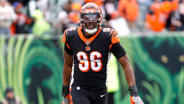 Dec 1, 2019; Cincinnati, OH, USA; Cincinnati Bengals defensive end Carlos Dunlap (96) reacts after a play against the New York Jets during the second half at Paul Brown Stadium. Mandatory Credit: David Kohl-USA TODAY Sports