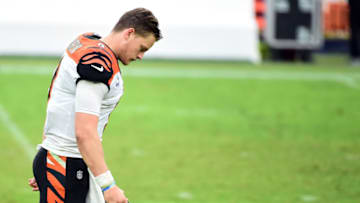Oct 11, 2020; Baltimore, Maryland, USA; Cincinnati Bengals quarterback Joe Burrow (9) walks off the field after losing to the Baltimore Ravens 27-3 at M&T Bank Stadium. Mandatory Credit: Evan Habeeb-USA TODAY Sports