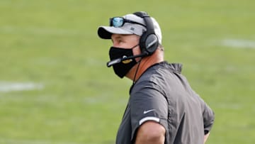 Nov 29, 2020; Jacksonville, Florida, USA; Jacksonville Jaguars head coach Doug Marrone on the bench during the second half against the Cleveland Browns at TIAA Bank Field. Mandatory Credit: Reinhold Matay-USA TODAY Sports
