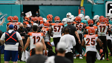 Dec 6, 2020; Miami Gardens, Florida, USA; Cincinnati Bengals and Miami Dolphins players get into a scrum during the second half at Hard Rock Stadium. Mandatory Credit: Jasen Vinlove-USA TODAY Sports