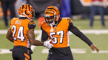 Dec 21, 2020; Cincinnati, Ohio, USA; Cincinnati Bengals safety Vonn Bell (24) reacts with linebacker Germaine Pratt (57) during warmups prior to the game between the Cincinnati Bengals the Pittsburgh Steelers at Paul Brown Stadium. Mandatory Credit: Katie Stratman-USA TODAY Sports