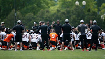 Cincinnati Bengals head coach Zac Taylor wraps up practice during the first day of Cincinnati Bengals OTAs at the Paul Brown Stadium practice field in downtown Cincinnati on Tuesday, May 25, 2021.Cincinnati Bengals Ota