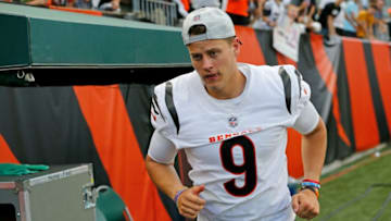 Cincinnati Bengals quarterback Joe Burrow (9) runs for the locker room in the fourth quarter of the NFL Preseason Week 3 game between the Cincinnati Bengals and the Miami Dolphins at Paul Brown Stadium in downtown Cincinnati on Sunday, Aug. 29, 2021. The Dolphins made a long touchdown drive in the fourth quarter to win 29-26.Miami Dolphins At Cincinnati Bengals Preseason