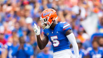 Sep 18, 2021; Gainesville, Florida, USA; Florida Gators safety Kaiir Elam (5) against the Alabama Crimson Tide at Ben Hill Griffin Stadium. Mandatory Credit: Mark J. Rebilas-USA TODAY Sports